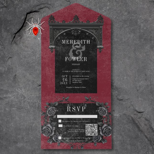 Rosas Pretos Góticos e Vinhos Pretos Código QR (Gothic Black Arch & Black Roses Wine QR Code All In One Invitation)