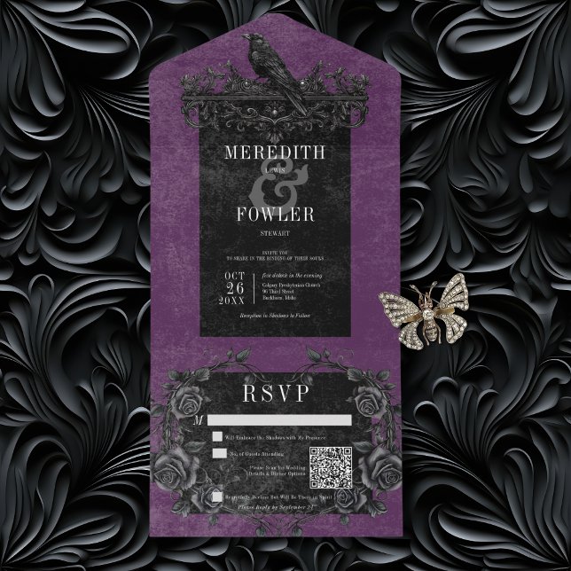 Rosas Pretos Góticos Raven e Pretos Código QR Roxo (Gothic Black Raven & Black Roses All In One Wedding Invitation with QR Code)