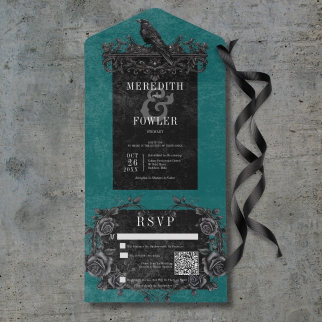 Rosas Pretos Góticos Raven e Pretos Código QR Teal (Gothic Black Raven & Black Roses Teal QR Code All In One Invitation)