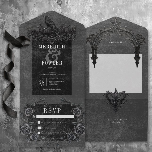 Rosas Pretos Góticos Raven e Pretos Sem Janto (Gothic Black Raven & Black Roses QR Code All In One Invitation without Dinner)