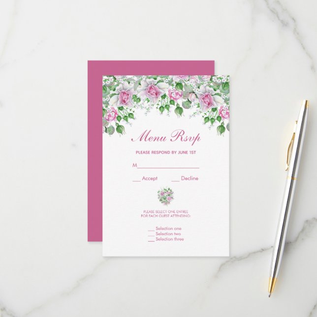 Rosas Românticas Rosa Casamento Menu RSVP (Frente/Verso In Situ)