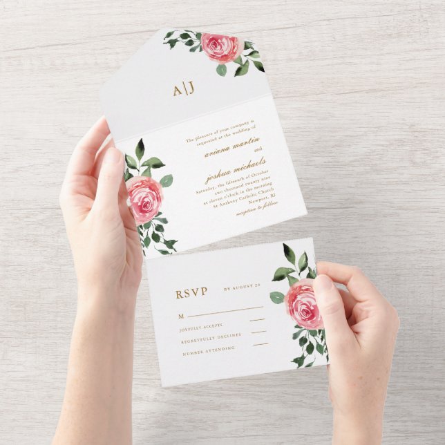 Rosas Rosa bonito Casando Tudo Em Um Convite (Aba destacável)