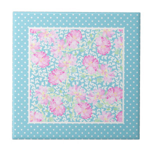 Rosas rosa Borboletas brancas Polkas Azulejo cerâm