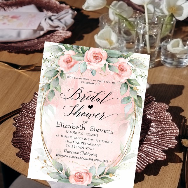 Rosas Rosa Chiques Moldura Dourada Script Convite  (Criador carregado)