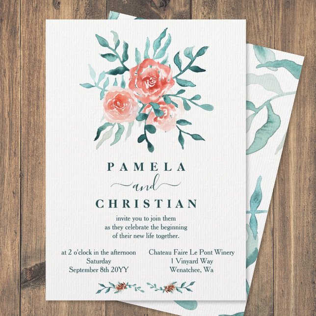 Rosas rosa, Convite para Casamento no inverno Euca (winter light pink light eucalyptus green leaves wedding invitations floral pink bouquet watercolor)