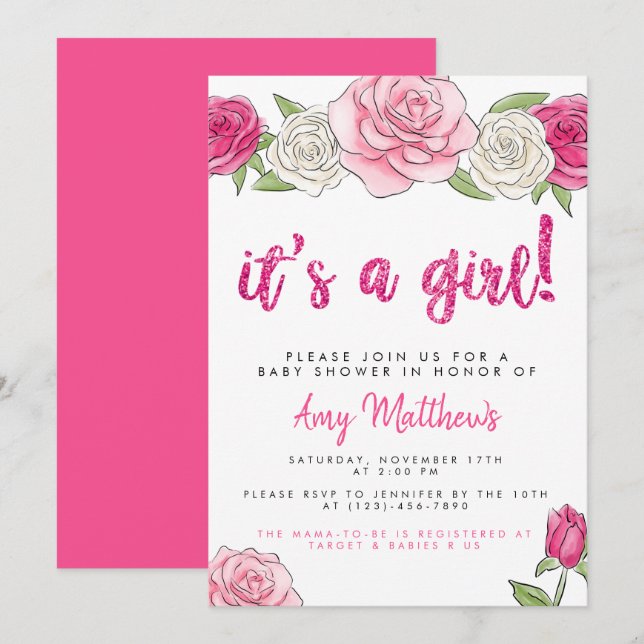 Rosas Rosa Convite para Chá de fraldas Floral (Frente/Verso)