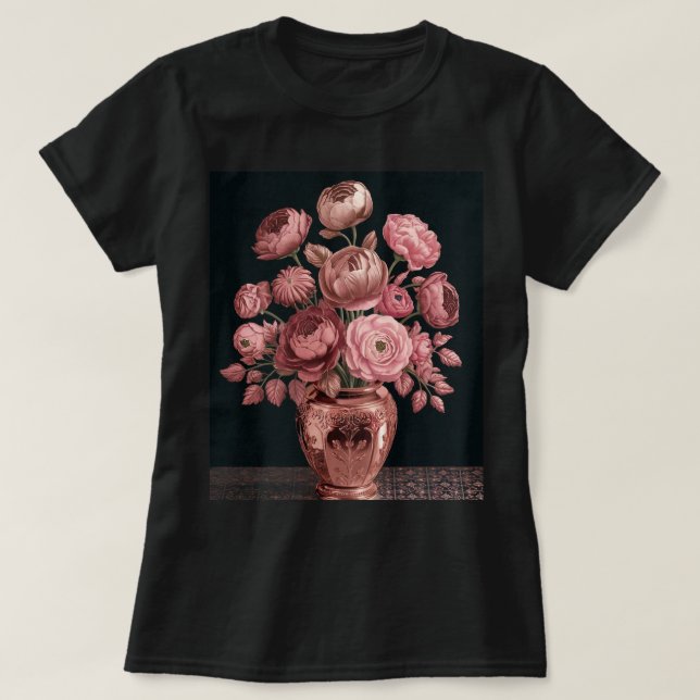Rosas rosa Dourados Vase, Camisa Negra (Frente do Design)