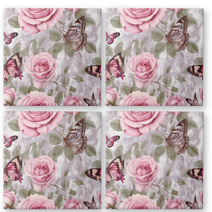 Rosas rosa e borboletas Aquarela Floral