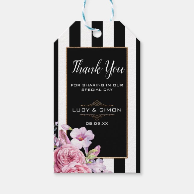 Rosas rosa e riscas Obrigado Etiqueta (Frente)