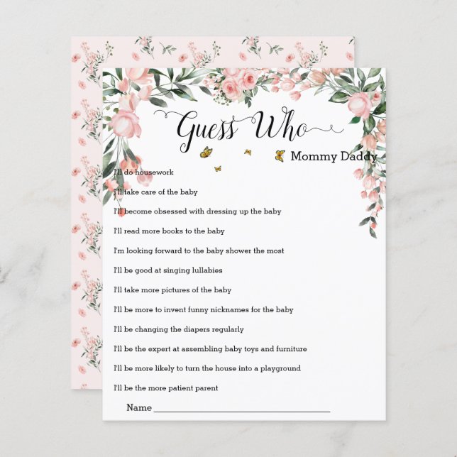 Rosas rosa elegantes com borboletas adivinham quem (Frente/Verso)