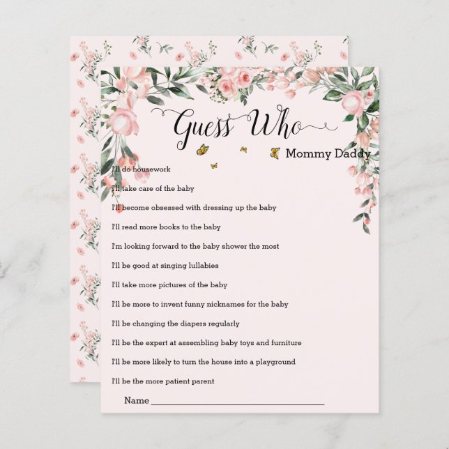 Rosas rosa elegantes com borboletas adivinham quem (Frente/Verso)