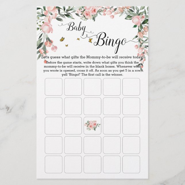 Rosas Rosa Elegantes com Jogo Bingo Bebê Borboleta (Frente)