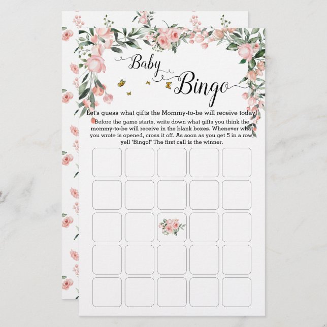 Rosas Rosa Elegantes com Jogo Bingo Bebê Borboleta (Frente/Verso)