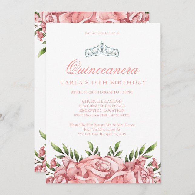 Rosas Rosa Escamosas | Convites para Quinceanera (Frente/Verso)