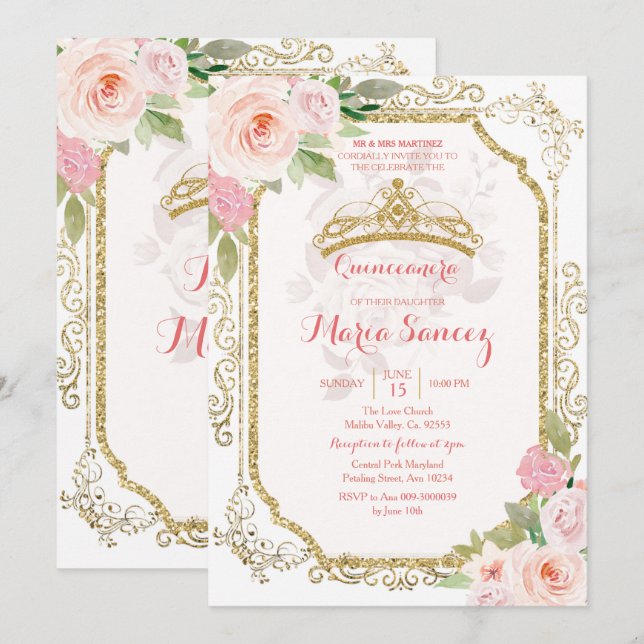 Rosas Rosa Mogeadas Mexicanas Convite Quince (Frente/Verso)