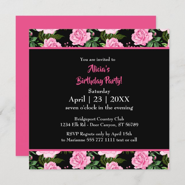 Rosas Rosa Negra Moderna Feliz Convite de Aniversá (Frente/Verso)