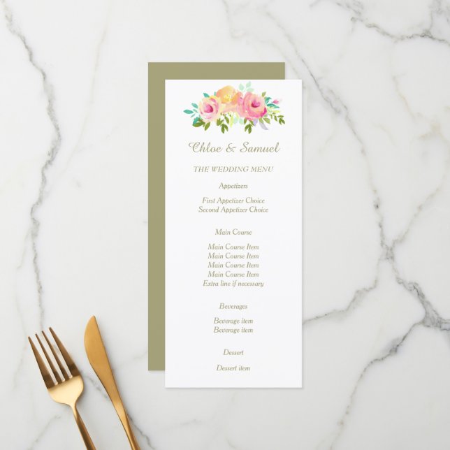 Rosas Rosa Pêssego no Menu Casamento Branco (Frente/Verso In Situ)