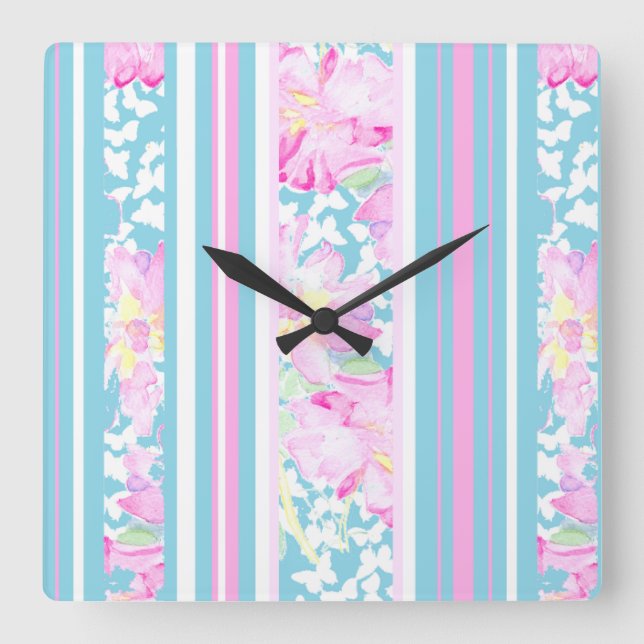 Rosas Rosa, Turquesas Stripes: Relógio de Parede Q (Frente)