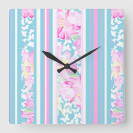 Rosas Rosa, Turquesas Stripes: Relógio de Parede Q