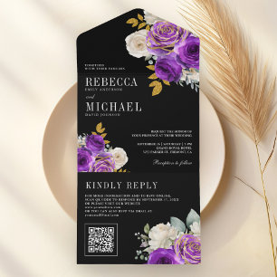 Rosas Roxas Reais Código QR Floral Preto Casamento