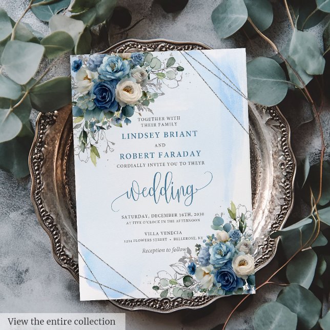 Rosas Rustic Dusty Blue Silver Convite de Casament (Rustic Dusty Blue Silver Roses Wedding Invitation)