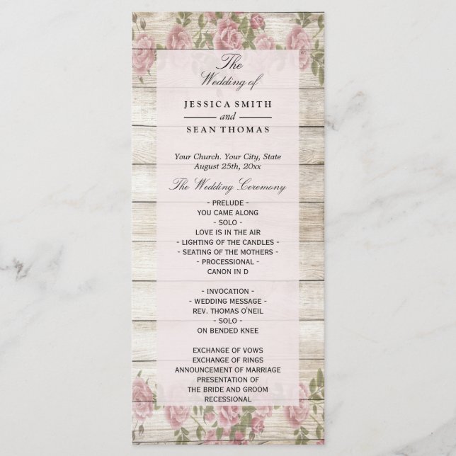 Rosas Rústicas em Programa de Casamento de Madeira (Frente)