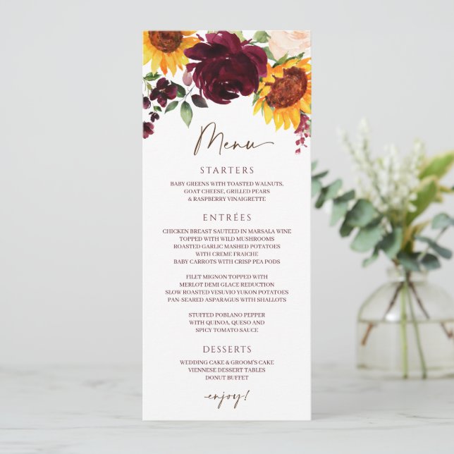 Rosas Sunflower Menu Burgundy Red Wedding (Em pé/Frente)