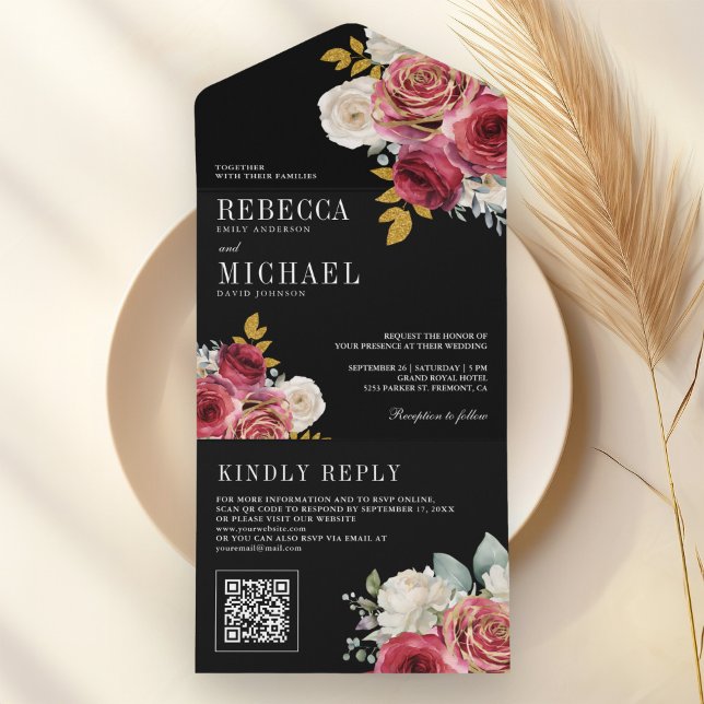 Rosas Vermelhas Borgonha Código QR Floral Preto Ca (Criador carregado)