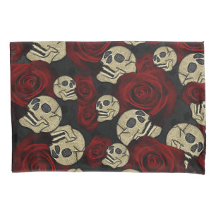 Rosas Vermelhas & Caveiras Cinza Preto Floral Góti