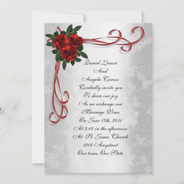 Rosas vermelhas e fitas de convite para casamentos (Frente)