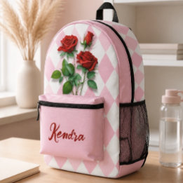 Rosas Vermelhas e Padrão de Diamante Rosa e Branco