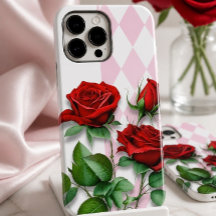Rosas Vermelhas e Padrão de Diamante Rosa e Branco