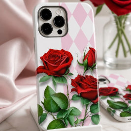 Rosas Vermelhas e Padrão de Diamante Rosa e Branco