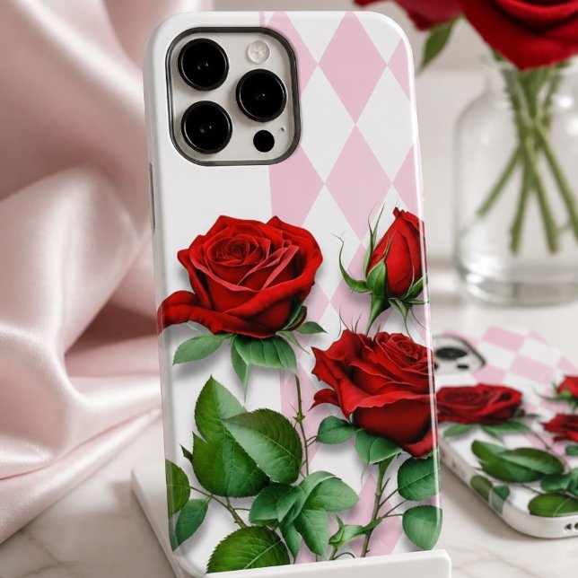 Rosas Vermelhas e Padrão de Diamante Rosa e Branco (Criador carregado)