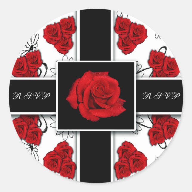 Rosas vermelhas elegantes - adesivos rsvp de casam (Frente)