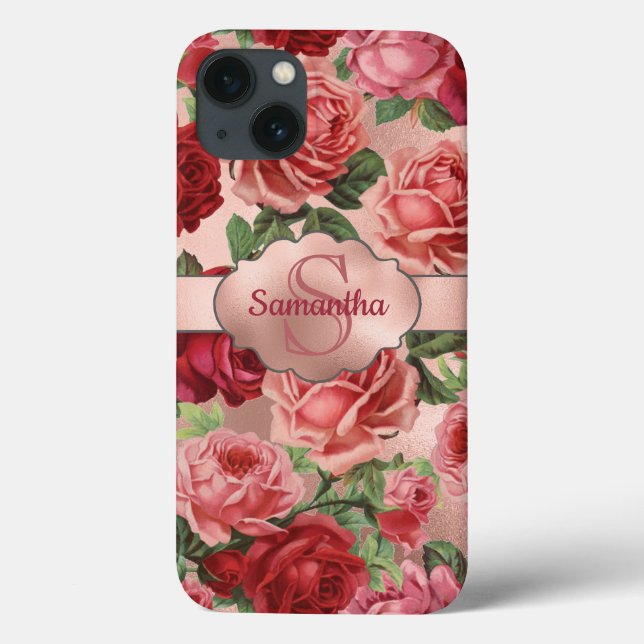 Rosas vermelhas Rosa Elegantes Monograma Floral (Verso)