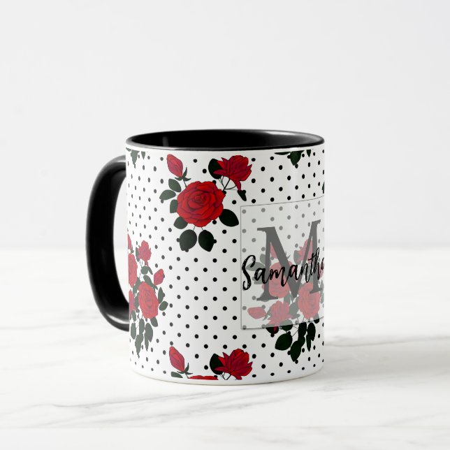 Rosas vermelhas sobre fundo de bolinhas. caneca de (Frente Esquerda)