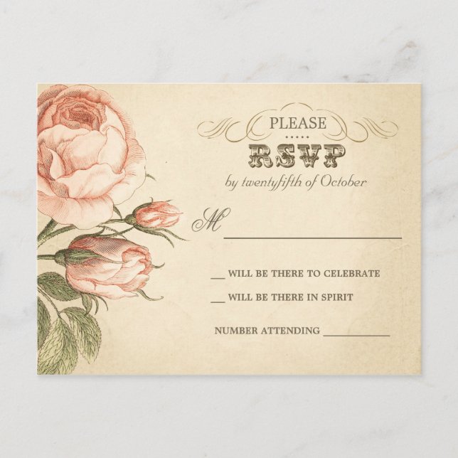 rosas vintage do casamento - cartões postais rsvp (Frente)