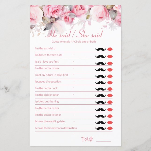 Rose Pink Bridal Shower Game He Said She Said (Frente)