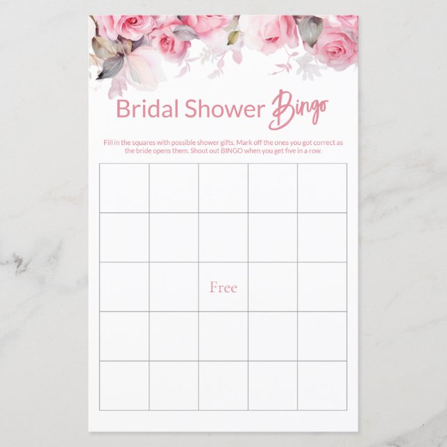 Rose Pink Floral Bridal Shower Game BINGO (Frente)