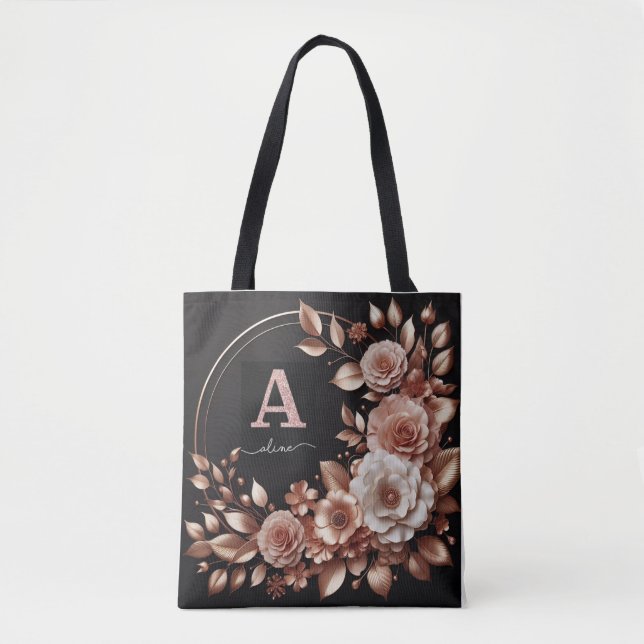 Rosegold Flowers Frame Bolsa com Monograma Inicial (Frente)