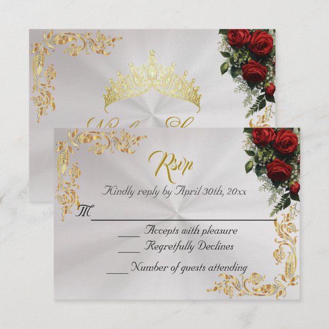 Roses & Gold Leaves - Pearl White RSVP (Frente/Verso)