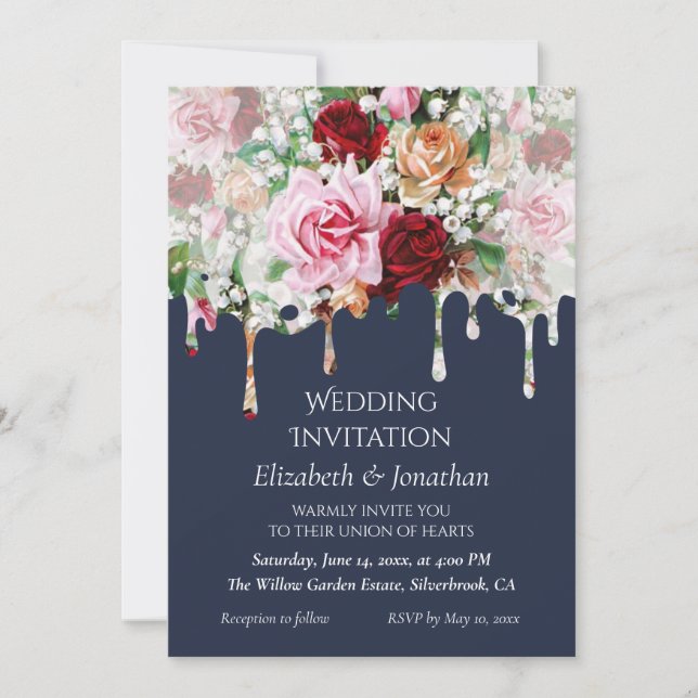 Roses on Blue Customizable Wedding Invitation (Frente)