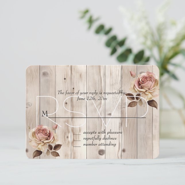 Roses Rosa Cream White Wood Weding RSVP (Em pé/Frente)