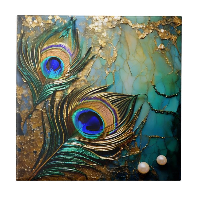 Rosetas de penas de pavão com pérola marmorizada e (Frente)