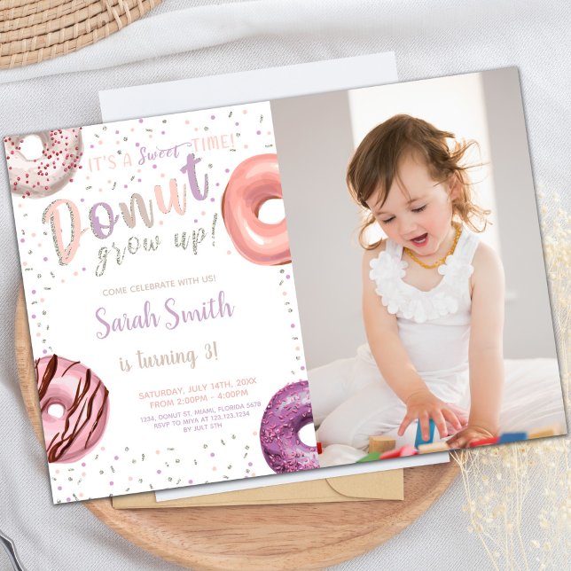 Rosquinha Silver Rosquinha Convite de Aniversário  (Donut Silver Donut Birthday Invitations with photo)