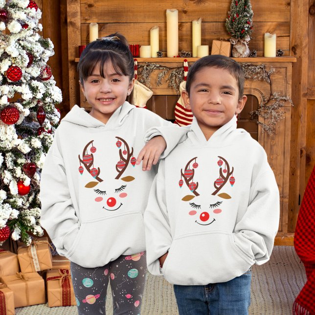 Rosto Adorável de Veado com Ornamentos em Crianças (Adorable Deer Face with Ornaments on Antlers Kids Hoodie)