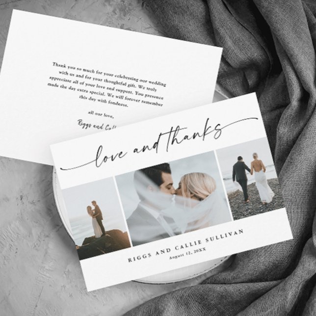 Roteiro Simples Amor e Agradecimento 3  Foto Casam (Elegant script love and thanks black and white modern 
 minimal wedding photo thank you card.)