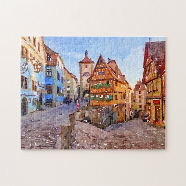 Rothenburg ob der Tauber Watercolor Quebra-cabeça (Horizontal)