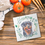 Rottweiler Watercolor Wreath Cerâmica Azulejo<br><div class="desc">Um retrato de aquarela de um lindo Cachorro Rottweiler dentro uma coroa azul verde de folha é a característica neste azulejo decorativo e útil. Perfeito para quem ama um Rottie.</div>